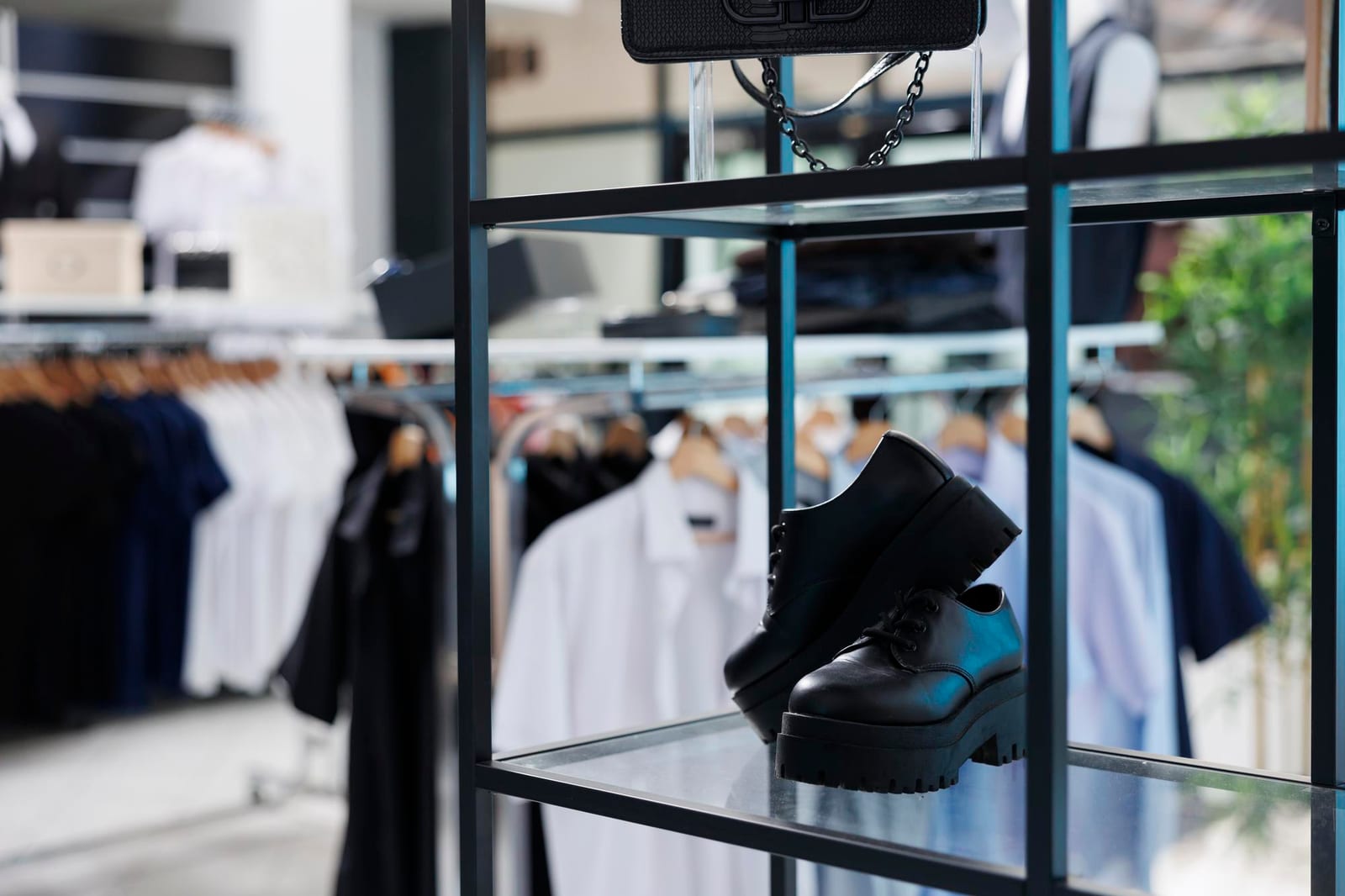Ladengeschäft mit Kleiderständern und modischer Garderobe