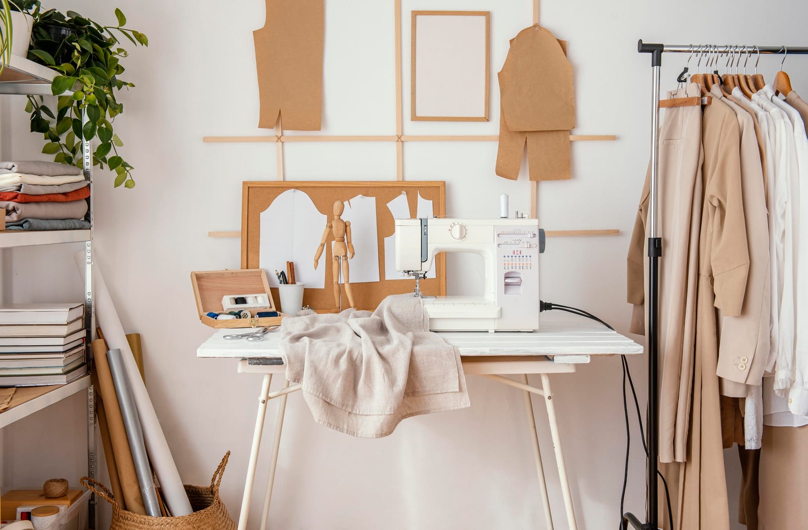 Blick in ein Schneideratelier mit Nähmaschine und Stoffen